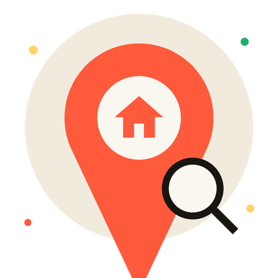 Épingle de localisation avec une maison, cherchée à la loupe