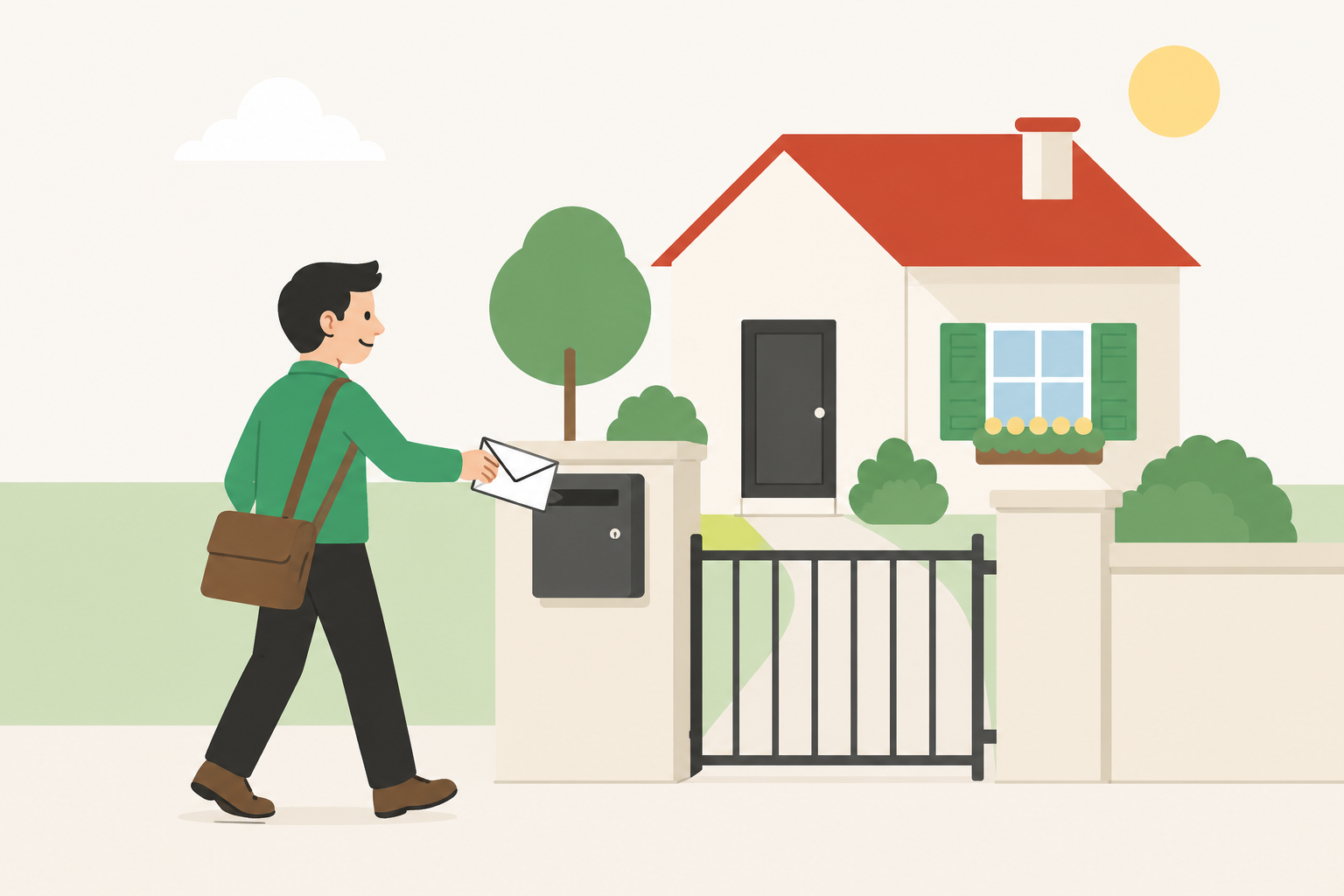 Personnage se dirigeant vers une maison avec une lettre